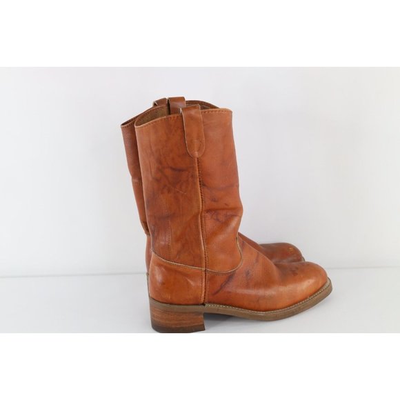 Vtg 70s Mens 8.5 E Distressed Steel Toe Leather Western Cowboy Boots Brown USA main image 8